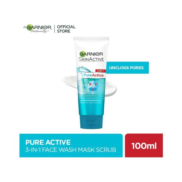 Garnier- Skin Active 3-in-1 Clay Face Wash Mask Scrub, 100ml